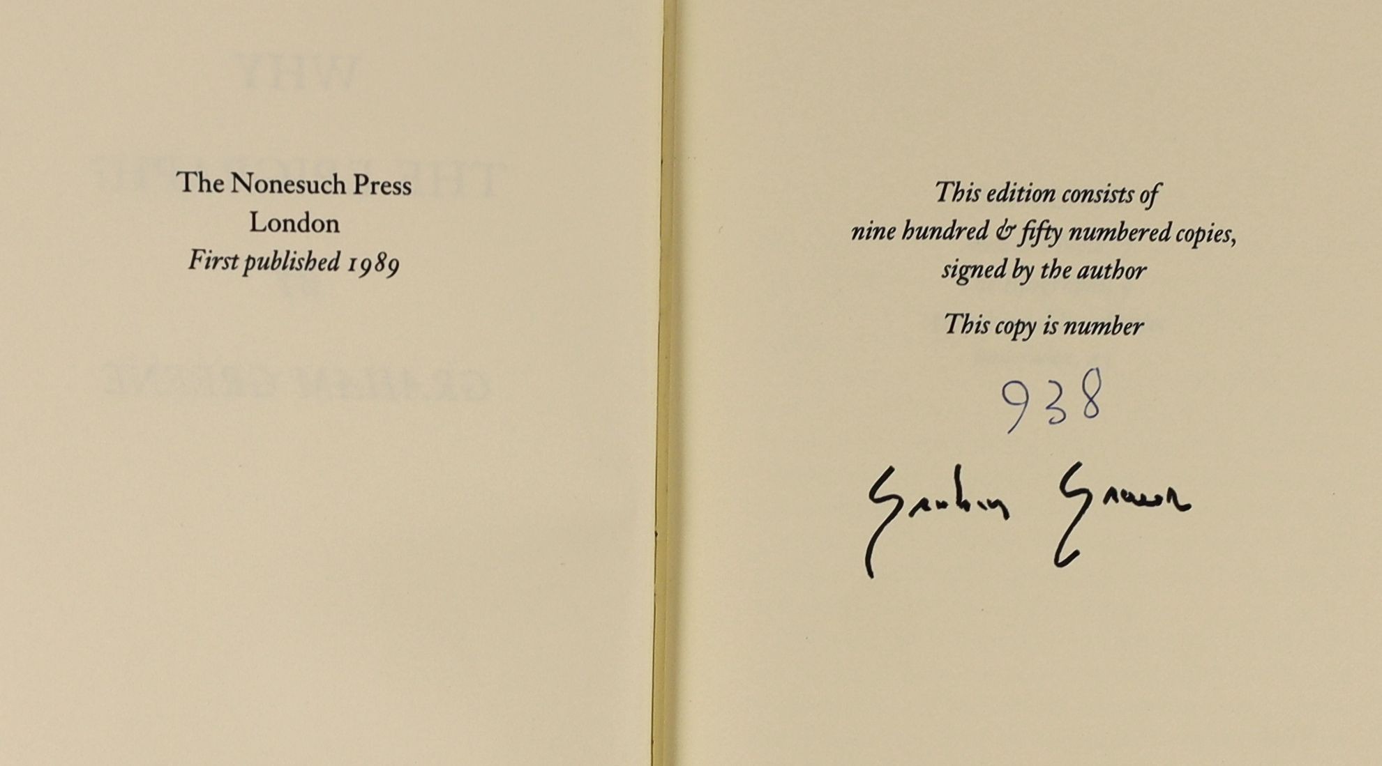 Nonesuch Press - Greene, Graham - Why the Epigraph?, one of 950, signed, 8vo, cloth gilt, London, 1989